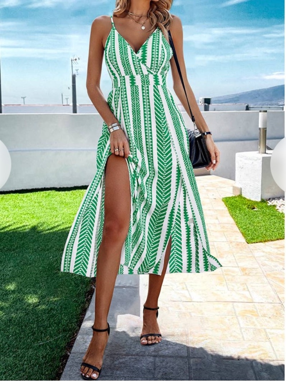 1140.  Green Striped V-Neck Midi Dress with Side Slit